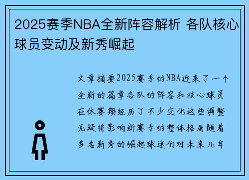 2025赛季NBA全新阵容解析 各队核心球员变动及新秀崛起